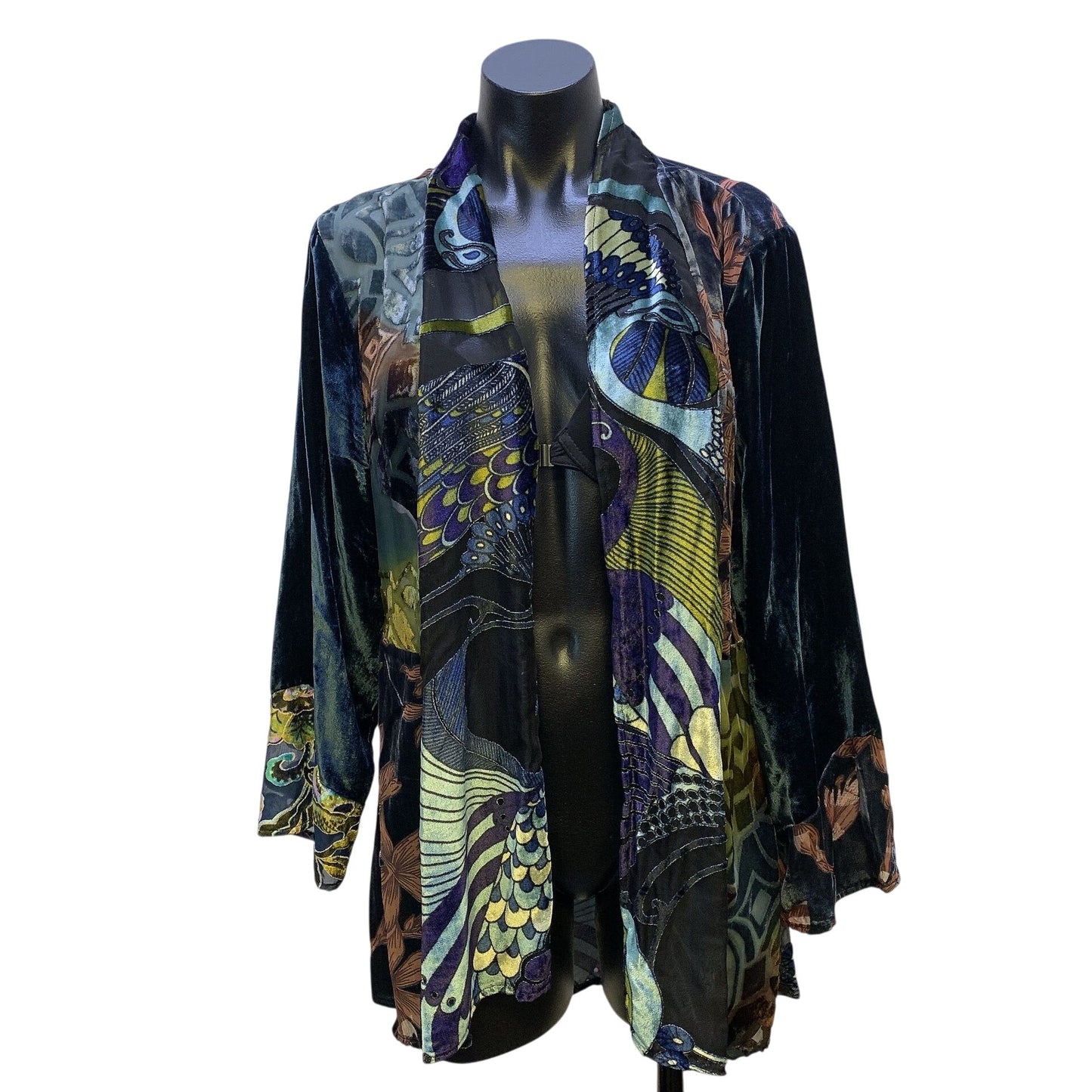 Soft Surroundings Teal w/Multicolor Print Velvet Kimono Jacket Large