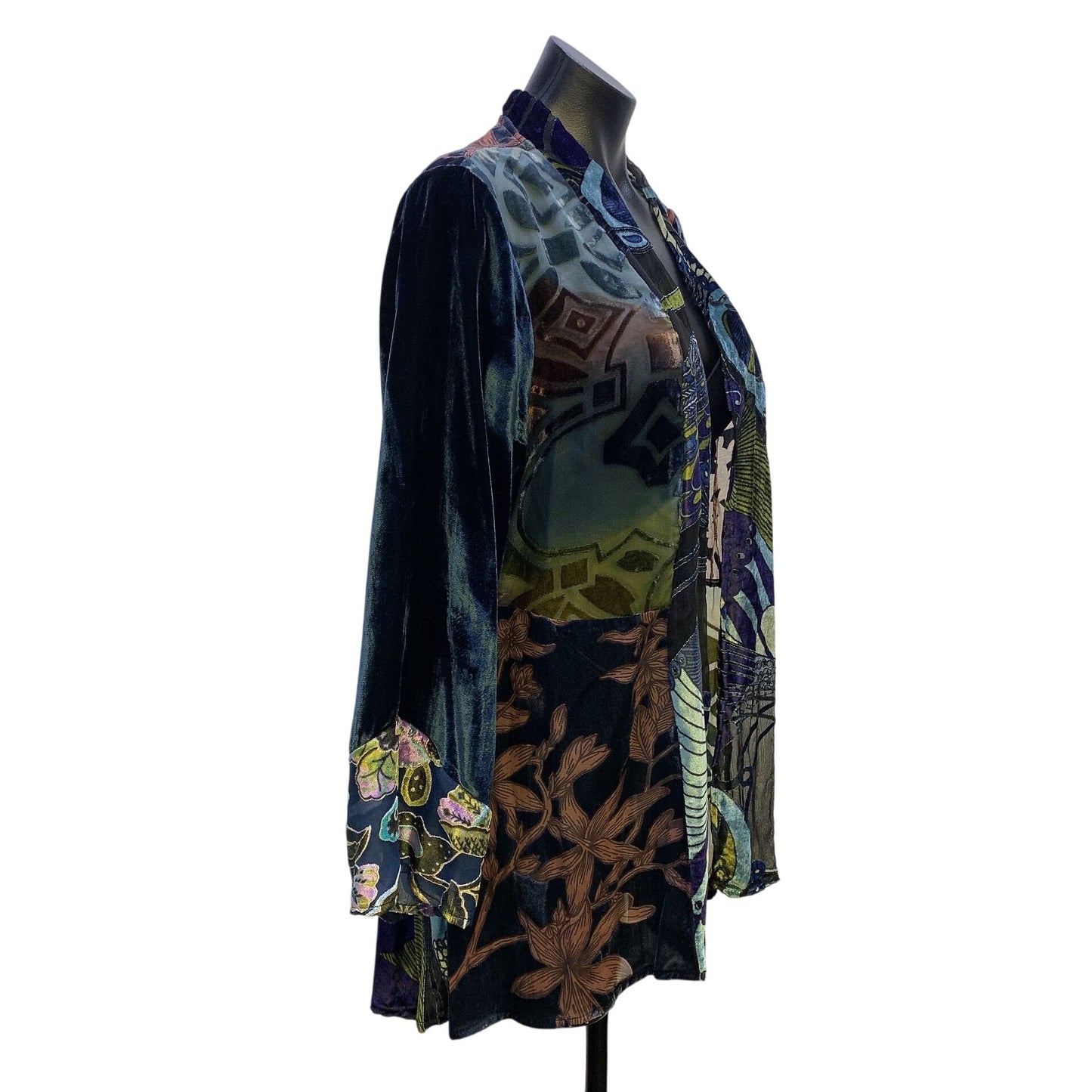 Soft Surroundings Teal w/Multicolor Print Velvet Kimono Jacket Large