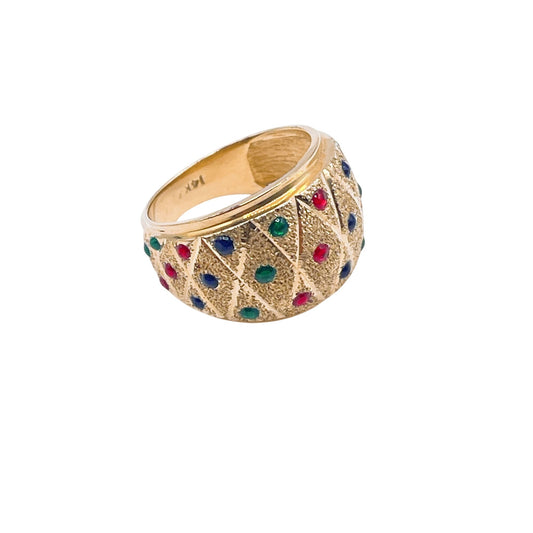 14k Gold Dome Ring With Multicolor Gemstone Accents Harlequin Pattern Design Size 5