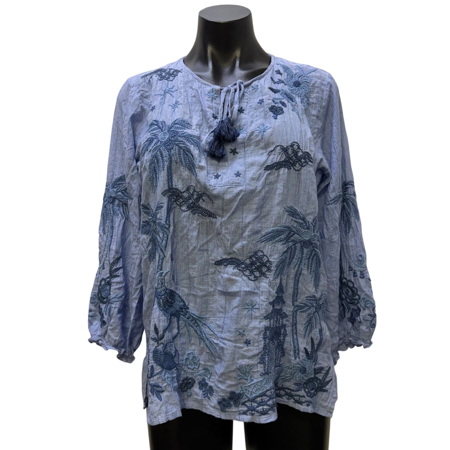 Johnny Was Blue Embroidered Cotton Blend Tassel Blouse XS