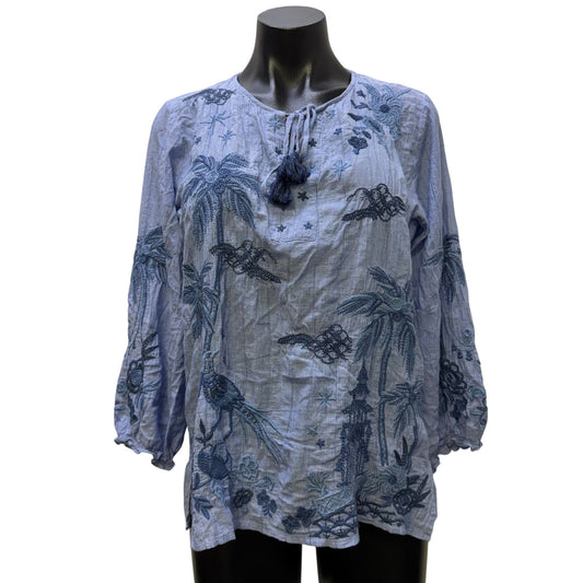 Johnny Was Blue Embroidered Cotton Blend Tassel Blouse XS