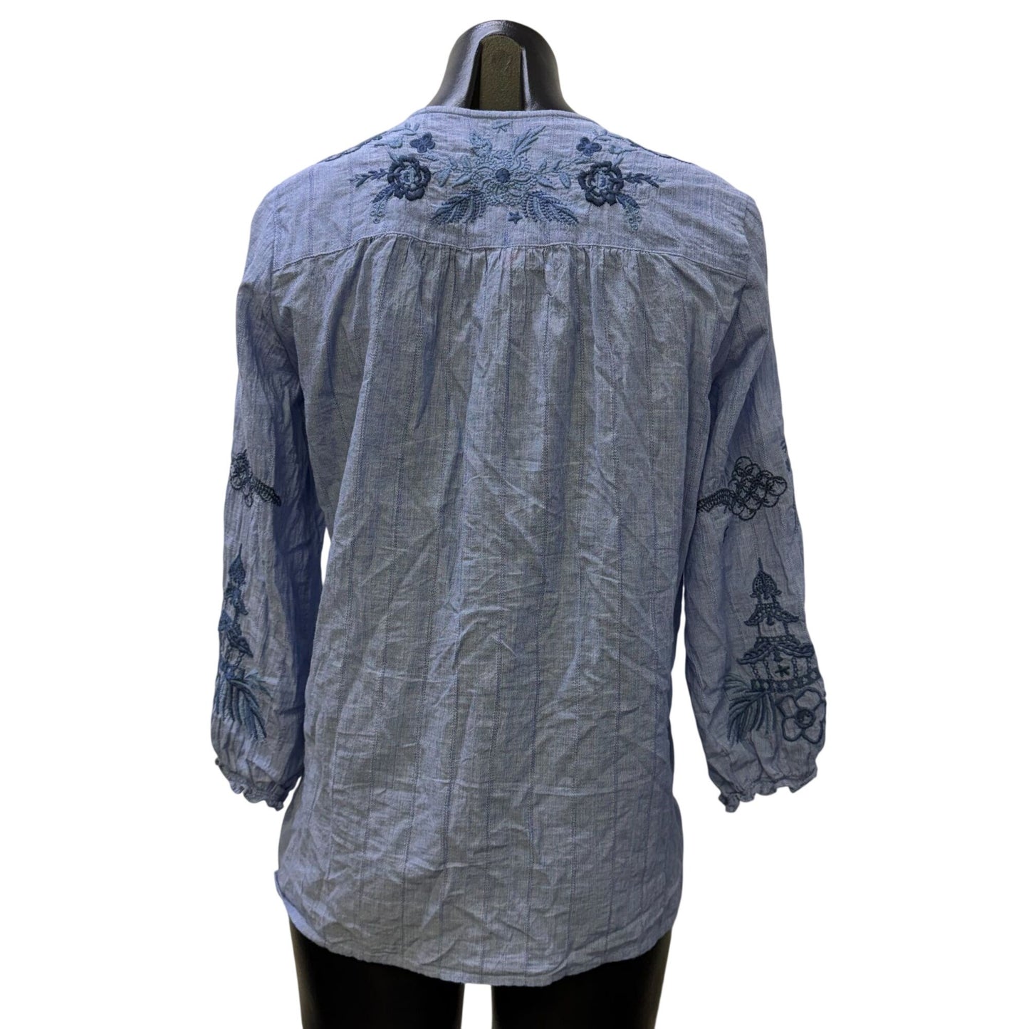 Johnny Was Blue Embroidered Cotton Blend Tassel Blouse XS