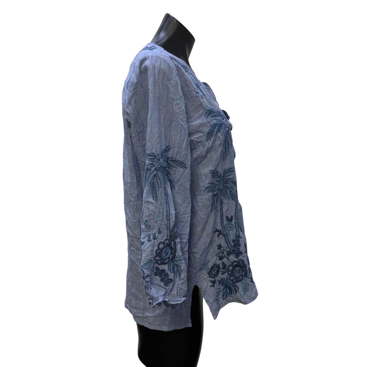 Johnny Was Blue Embroidered Cotton Blend Tassel Blouse XS