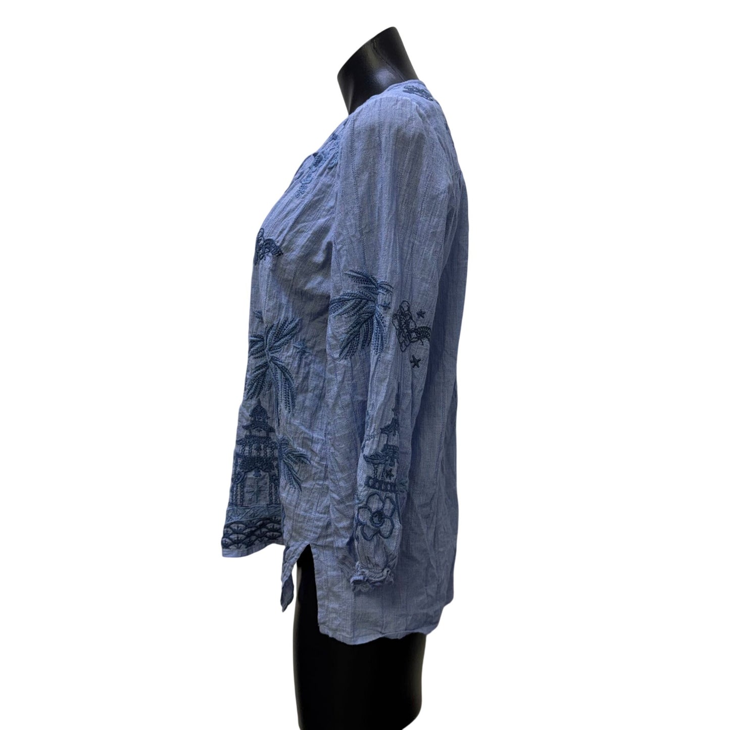 Johnny Was Blue Embroidered Cotton Blend Tassel Blouse XS