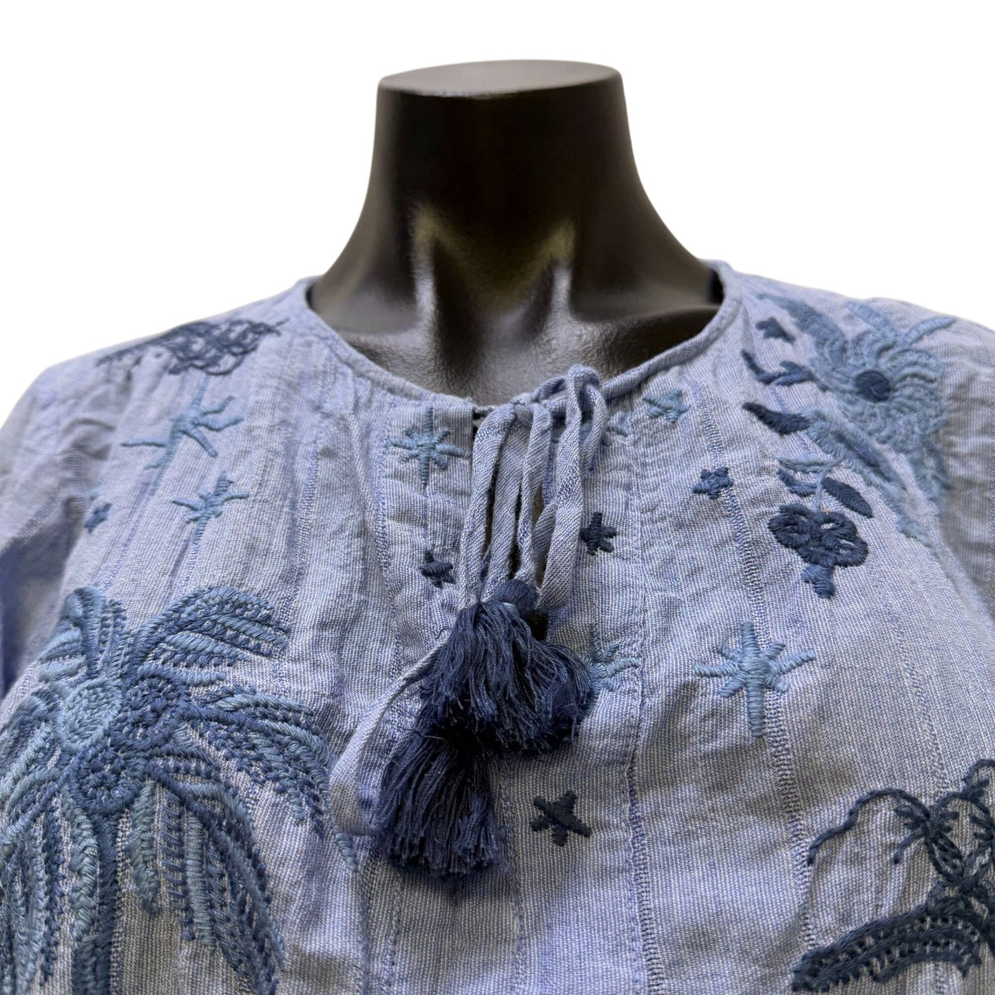 Johnny Was Blue Embroidered Cotton Blend Tassel Blouse XS