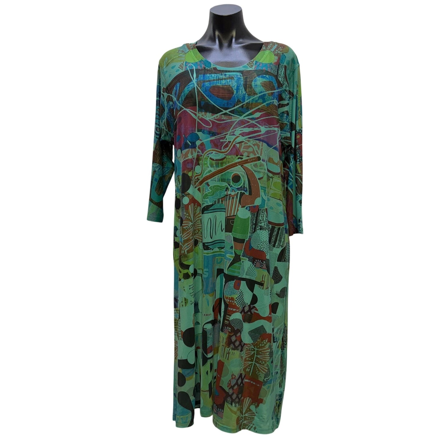 Inoah Teal Multi Abstract Print Long Sleeve Midi Dress L