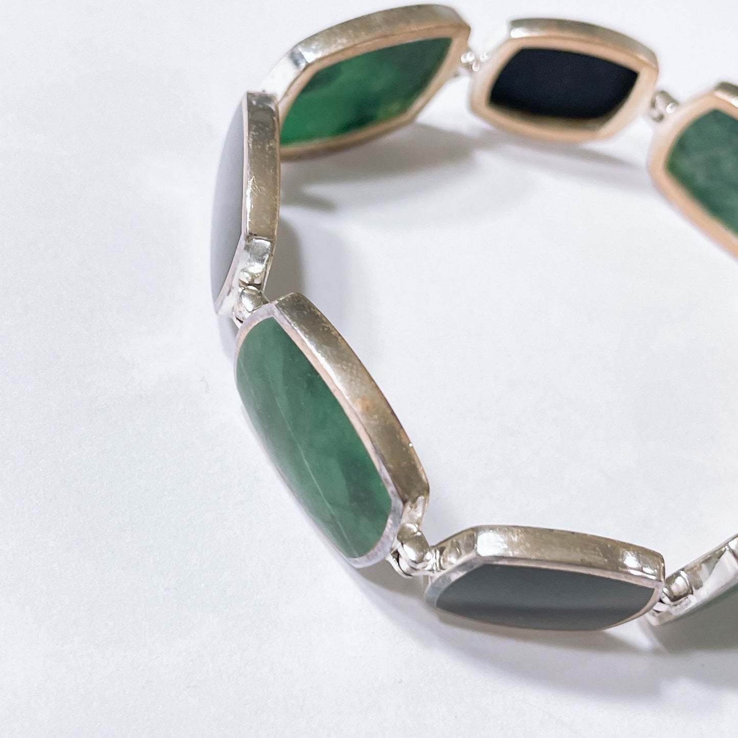 Sterling Silver Green & Black Stone Link Bracelet