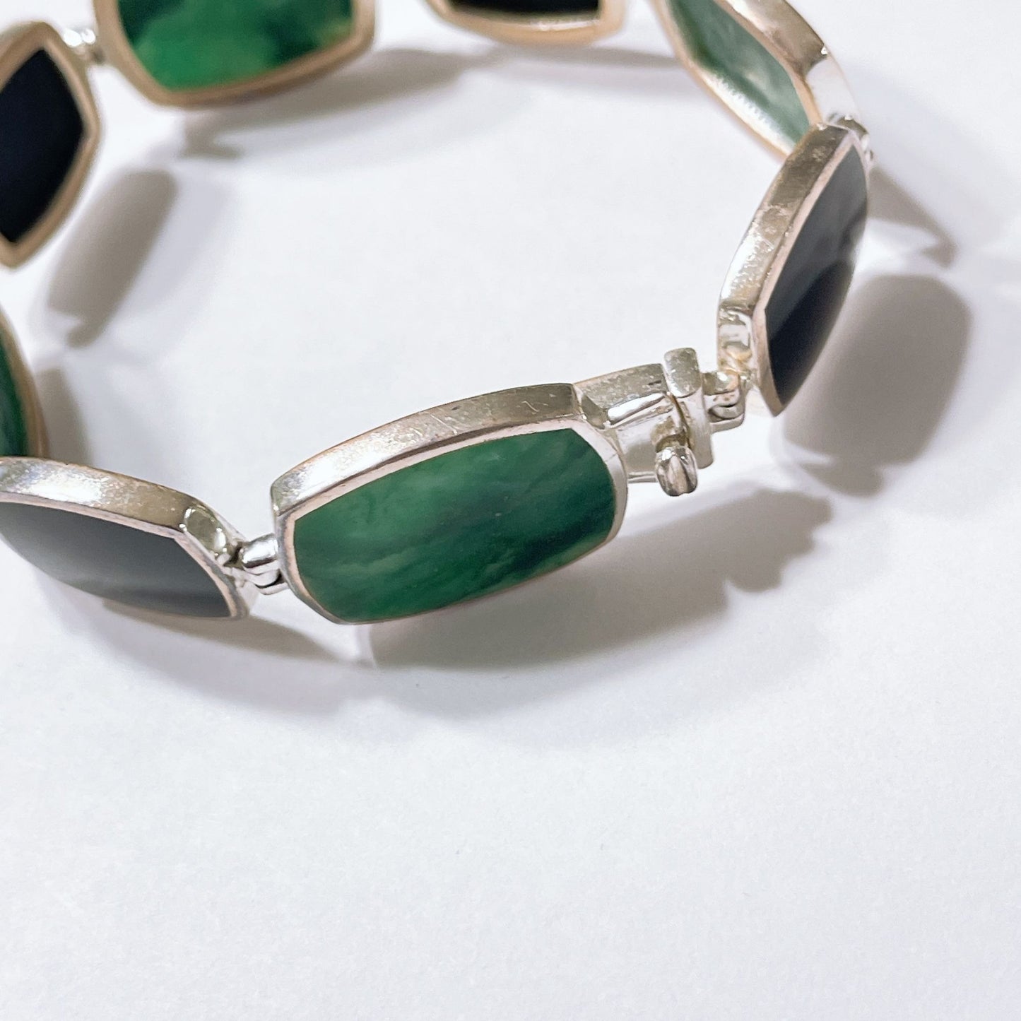 Sterling Silver Green & Black Stone Link Bracelet