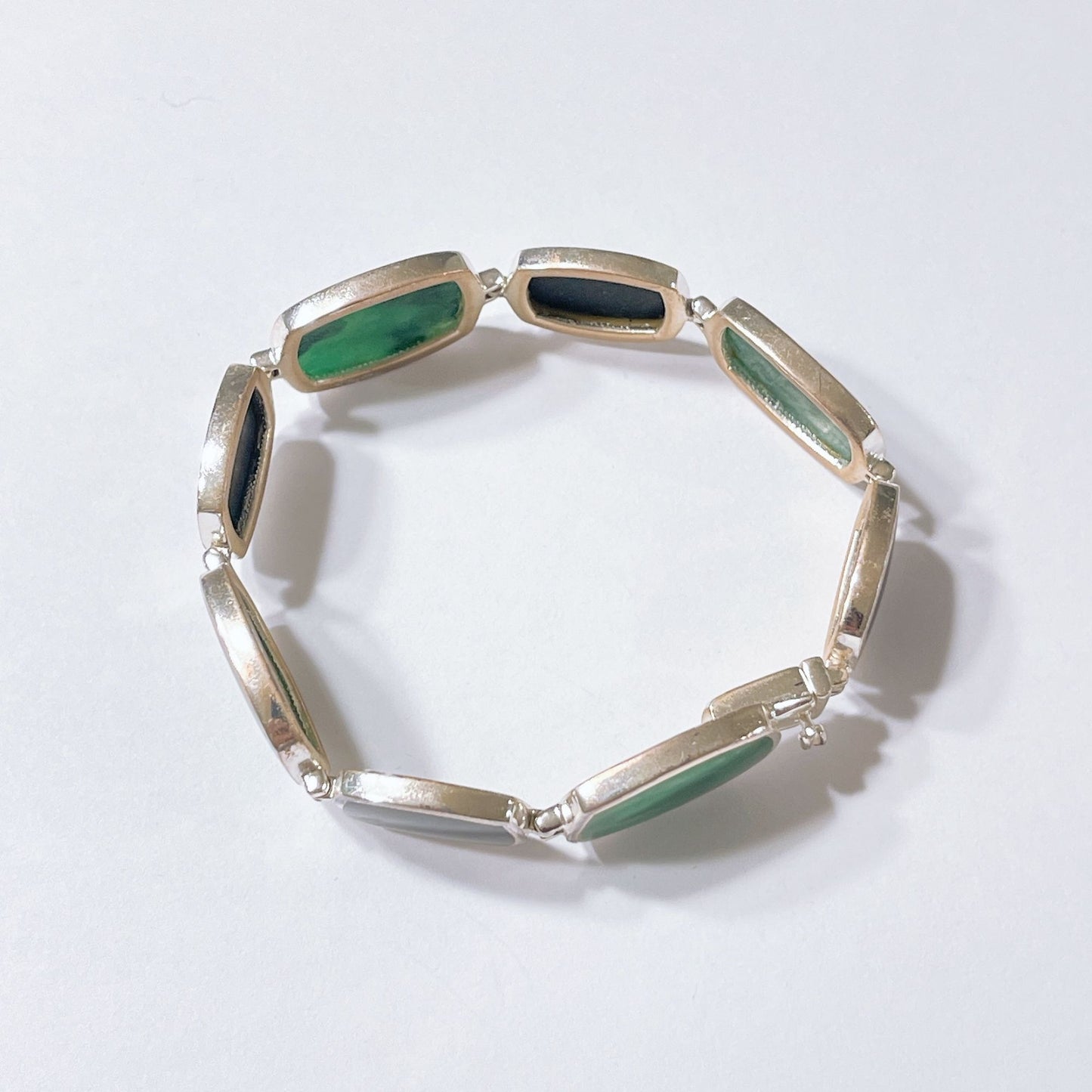 Sterling Silver Green & Black Stone Link Bracelet