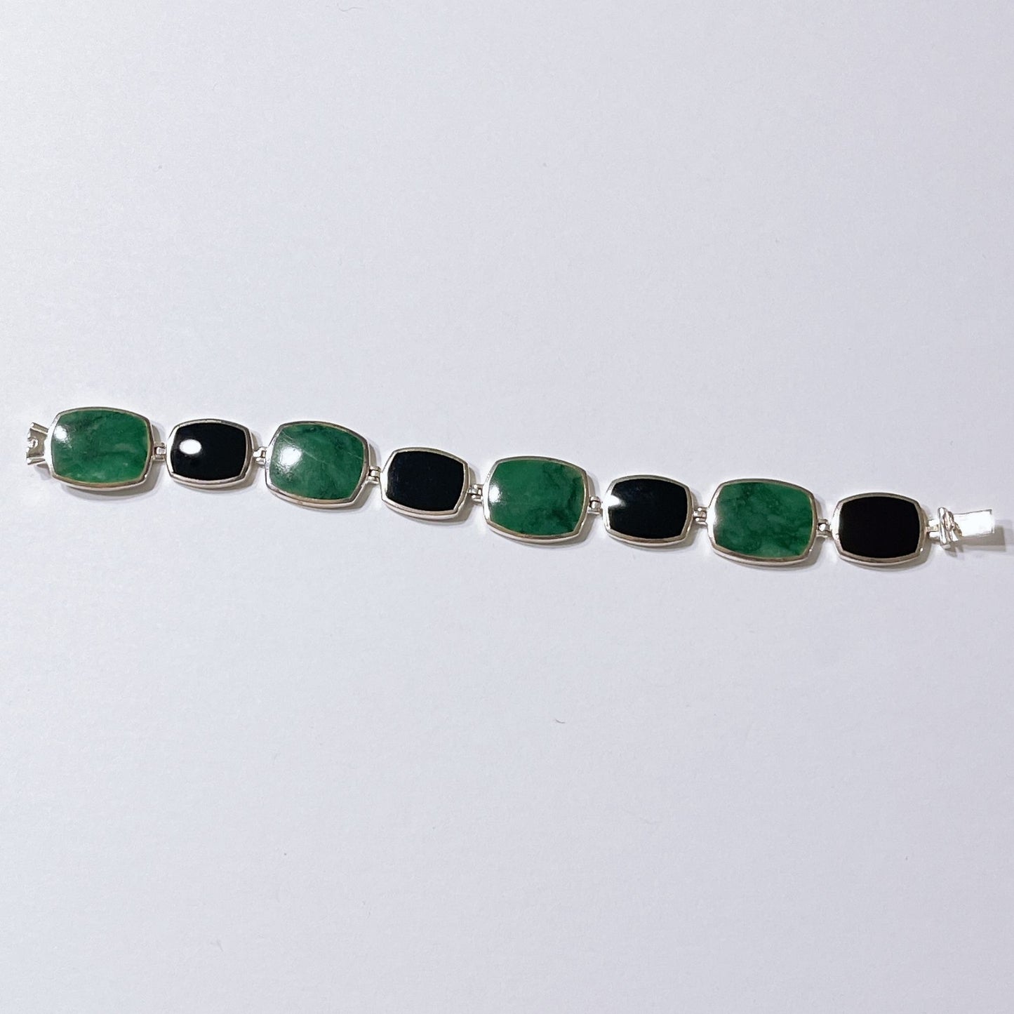 Sterling Silver Green & Black Stone Link Bracelet