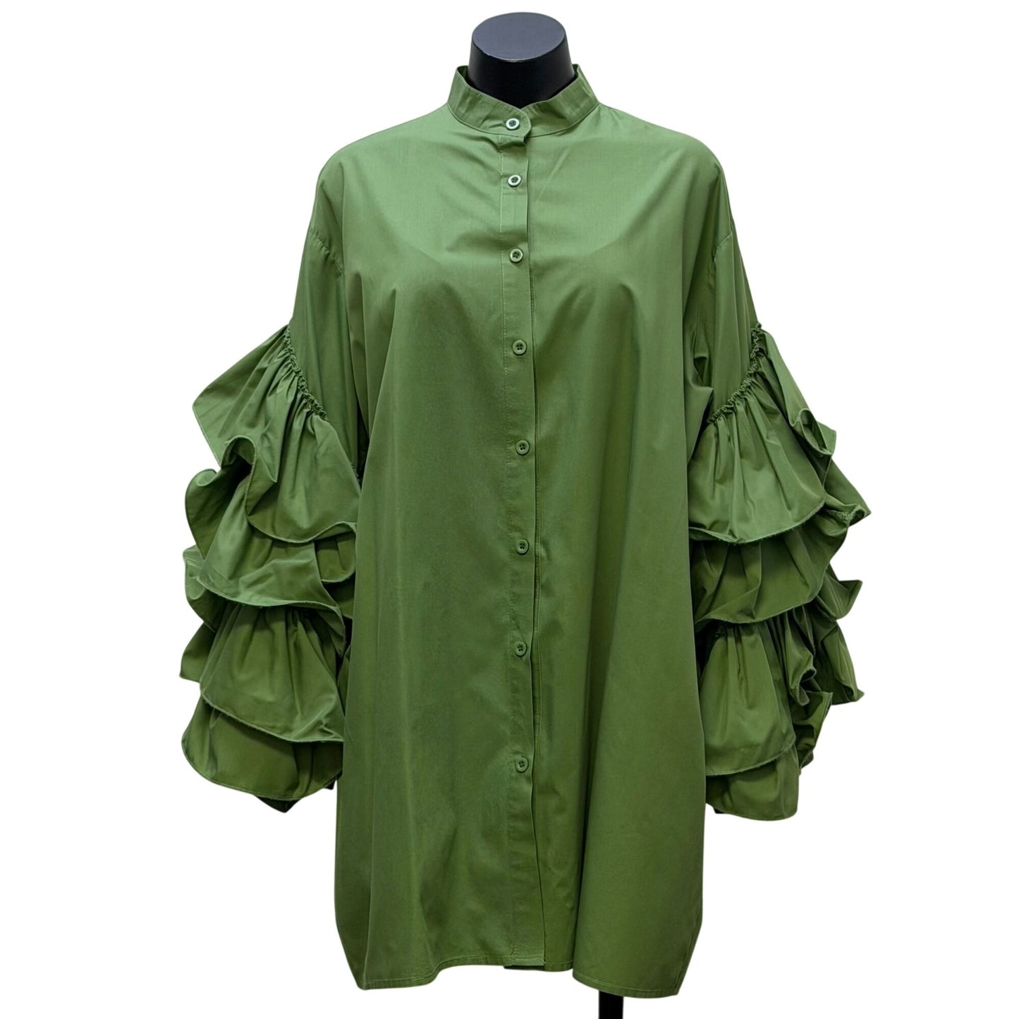 Beulah Style Ruffled Tunic Blouse Collar Green Button-Up M/L