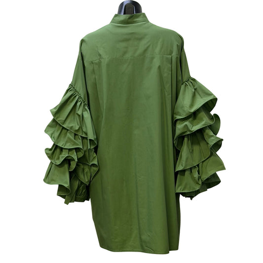 Beulah Style Ruffled Tunic Blouse Collar Green Button-Up M/L