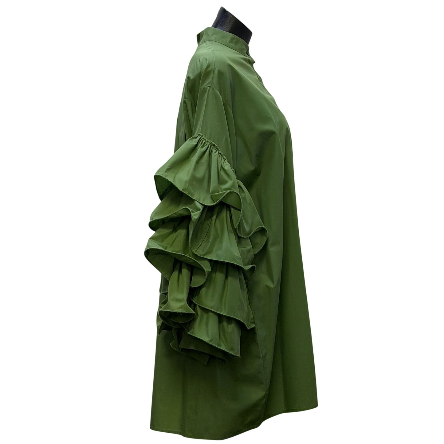 Beulah Style Ruffled Tunic Blouse Collar Green Button-Up M/L