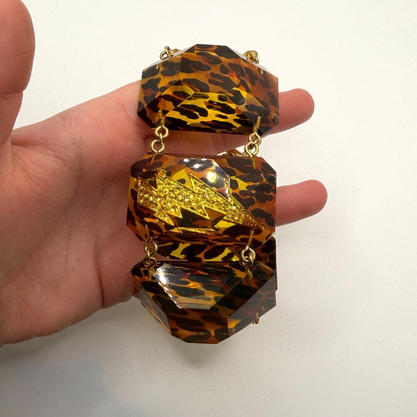 Betsey Johnson Leopard Print Gold Acrylic Statement Bracelet