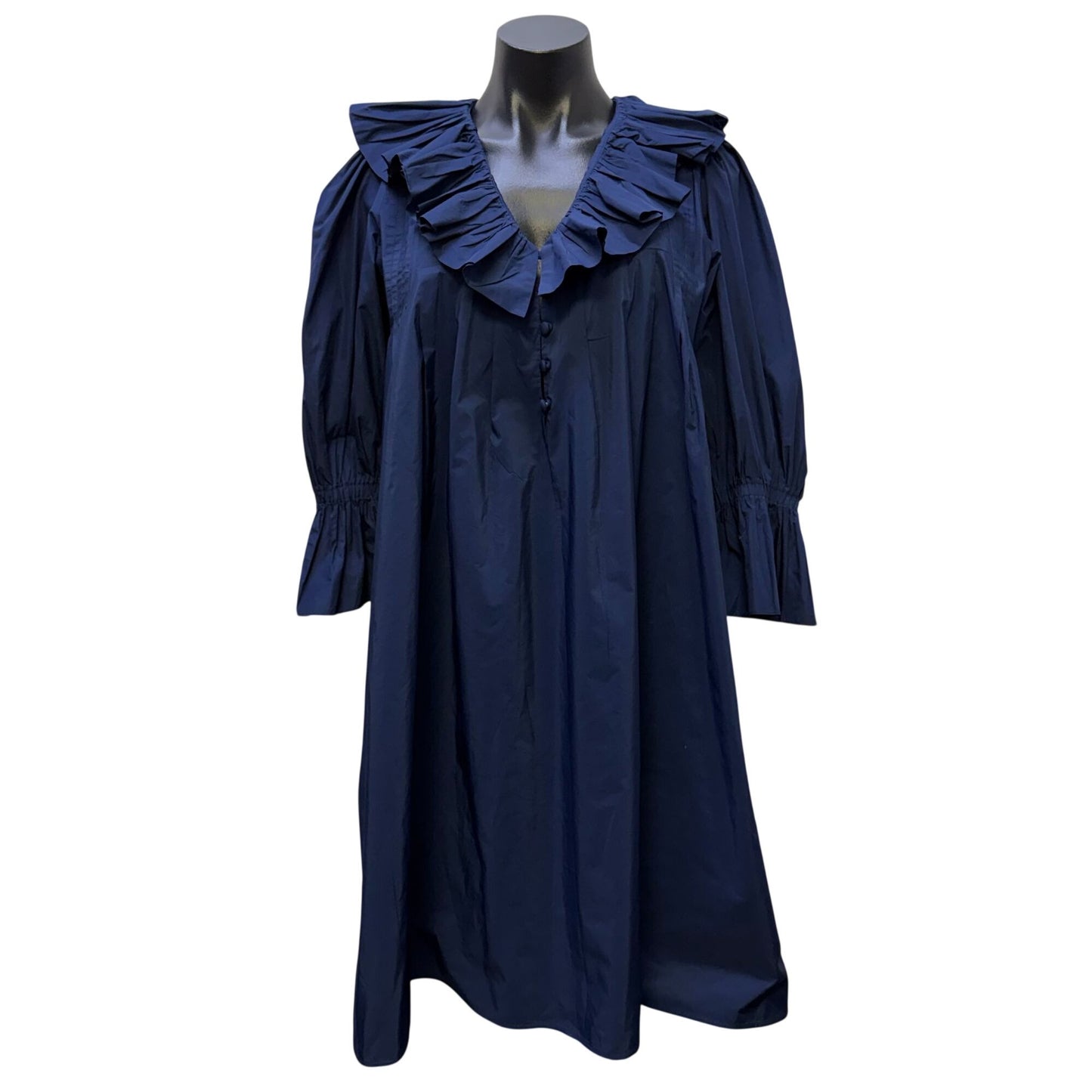 Hunter Bell Navy Ruffle Collar Smocked Sleeve Midi Dress Size M