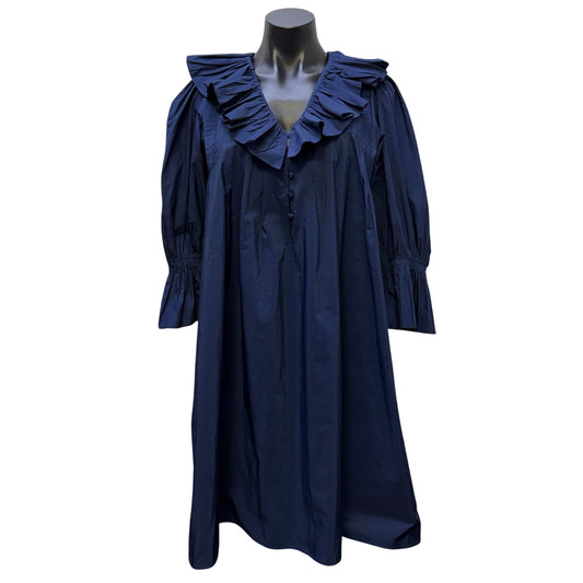 Hunter Bell Navy Ruffle Collar Smocked Sleeve Midi Dress Size M