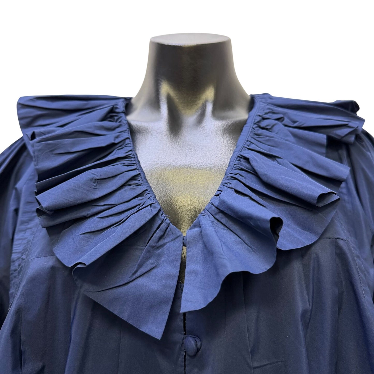 Hunter Bell Navy Ruffle Collar Smocked Sleeve Midi Dress Size M