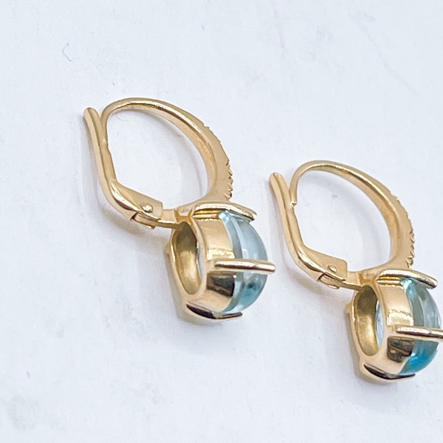14K Gold 585 Italian Blue Topaz & Crystals Leverback Dangle Earrings