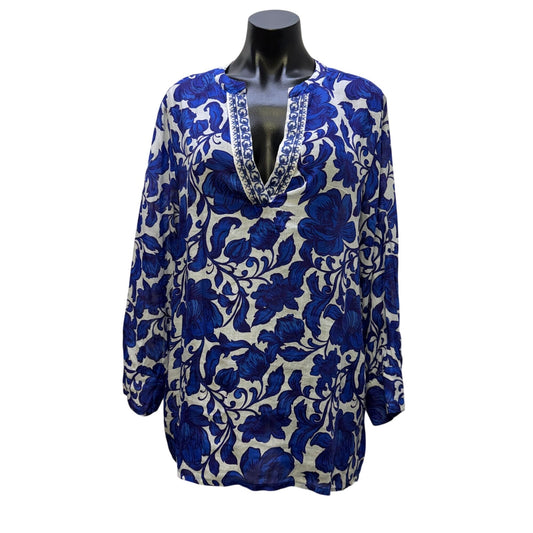 Johnny Was Workshop Blue & White Floral Blouse Tunic Top M
