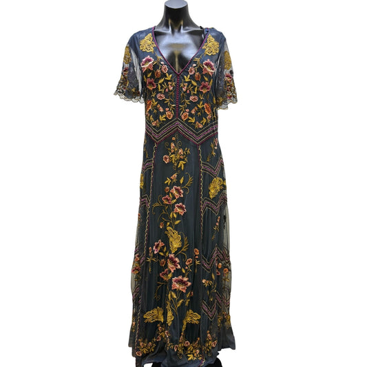 Sundance Embroidered Maxi Dress W/Slip Teal Floral V-Neck M
