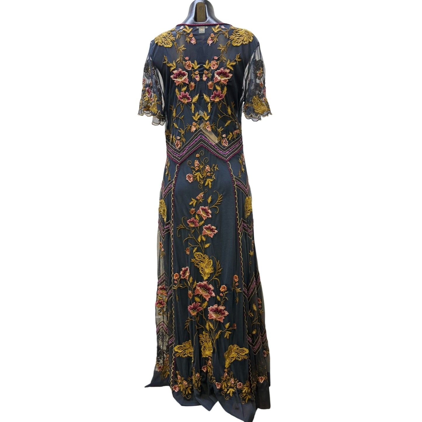 Sundance Embroidered Maxi Dress W/Slip Teal Floral V-Neck M