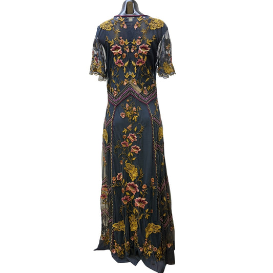 Sundance Embroidered Maxi Dress W/Slip Teal Floral V-Neck M