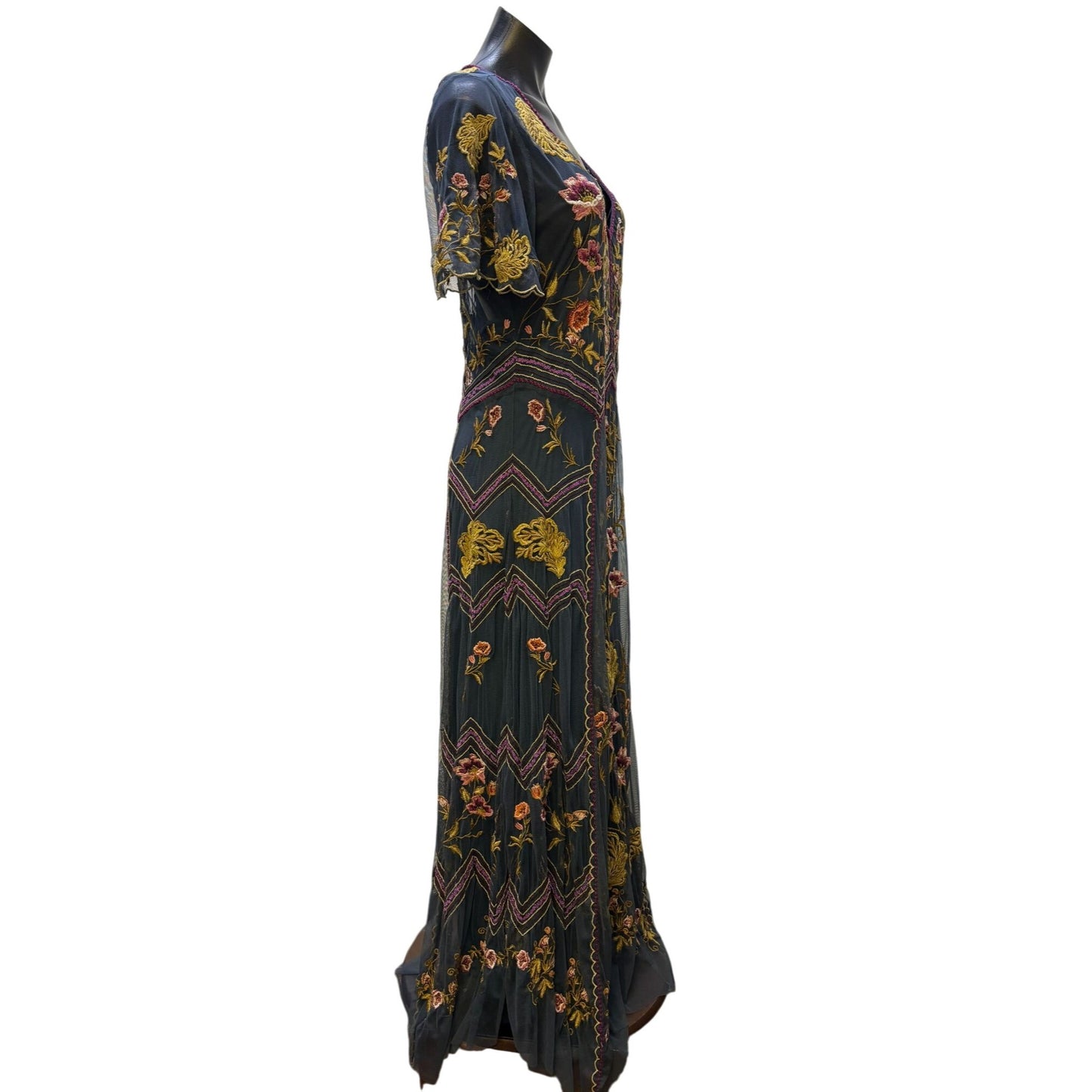 Sundance Embroidered Maxi Dress W/Slip Teal Floral V-Neck M