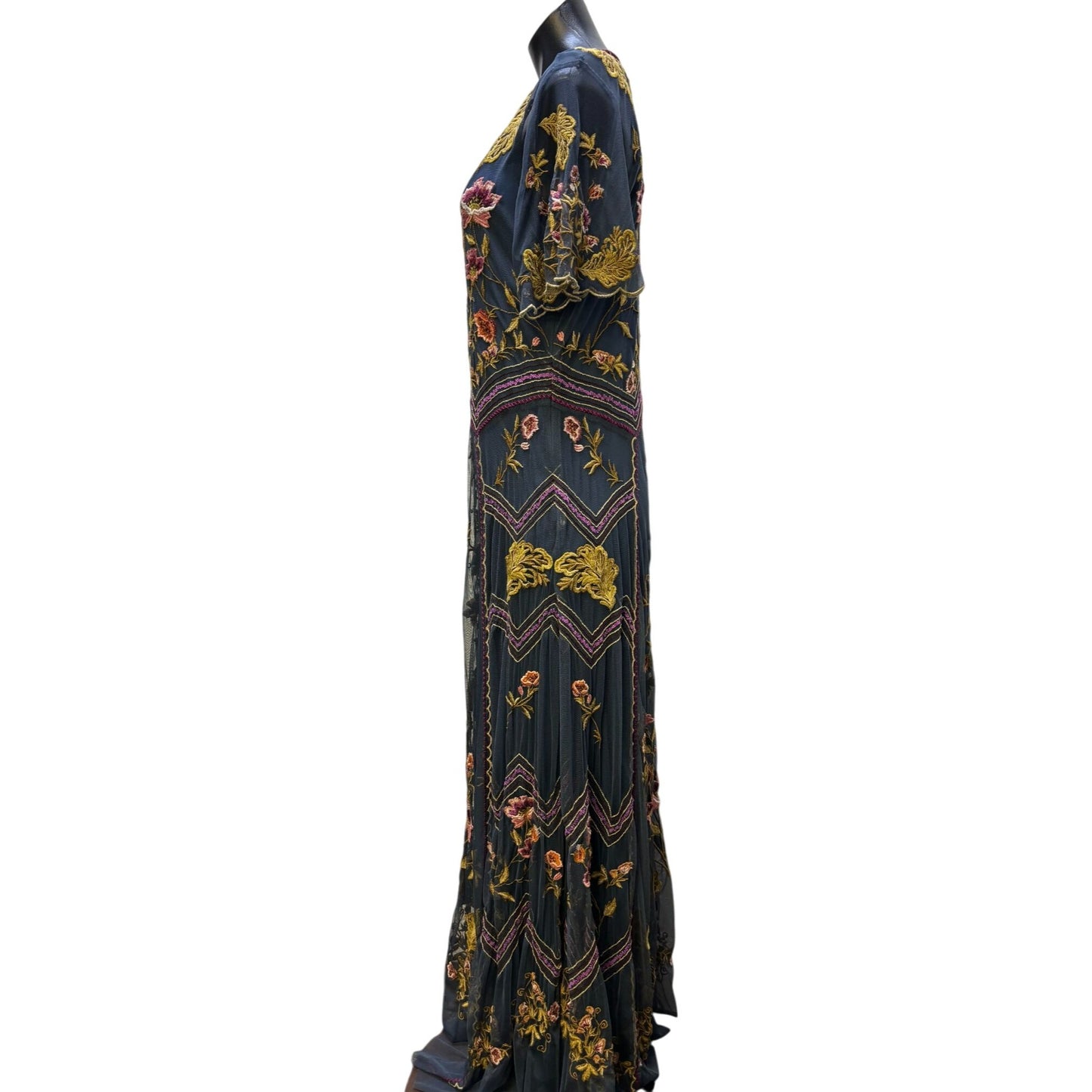 Sundance Embroidered Maxi Dress W/Slip Teal Floral V-Neck M