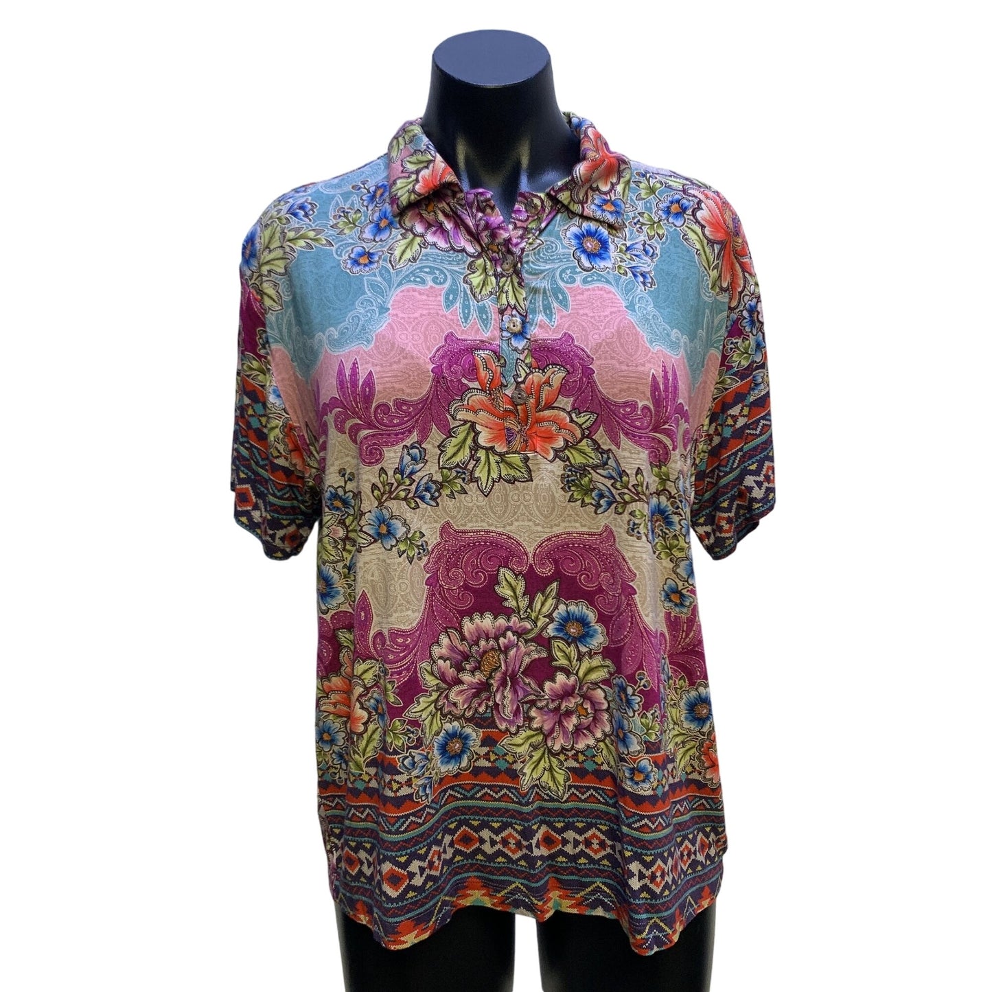 Johnny Was Multicolored Print Bamboo Polo Shirt Blouse Size Medium