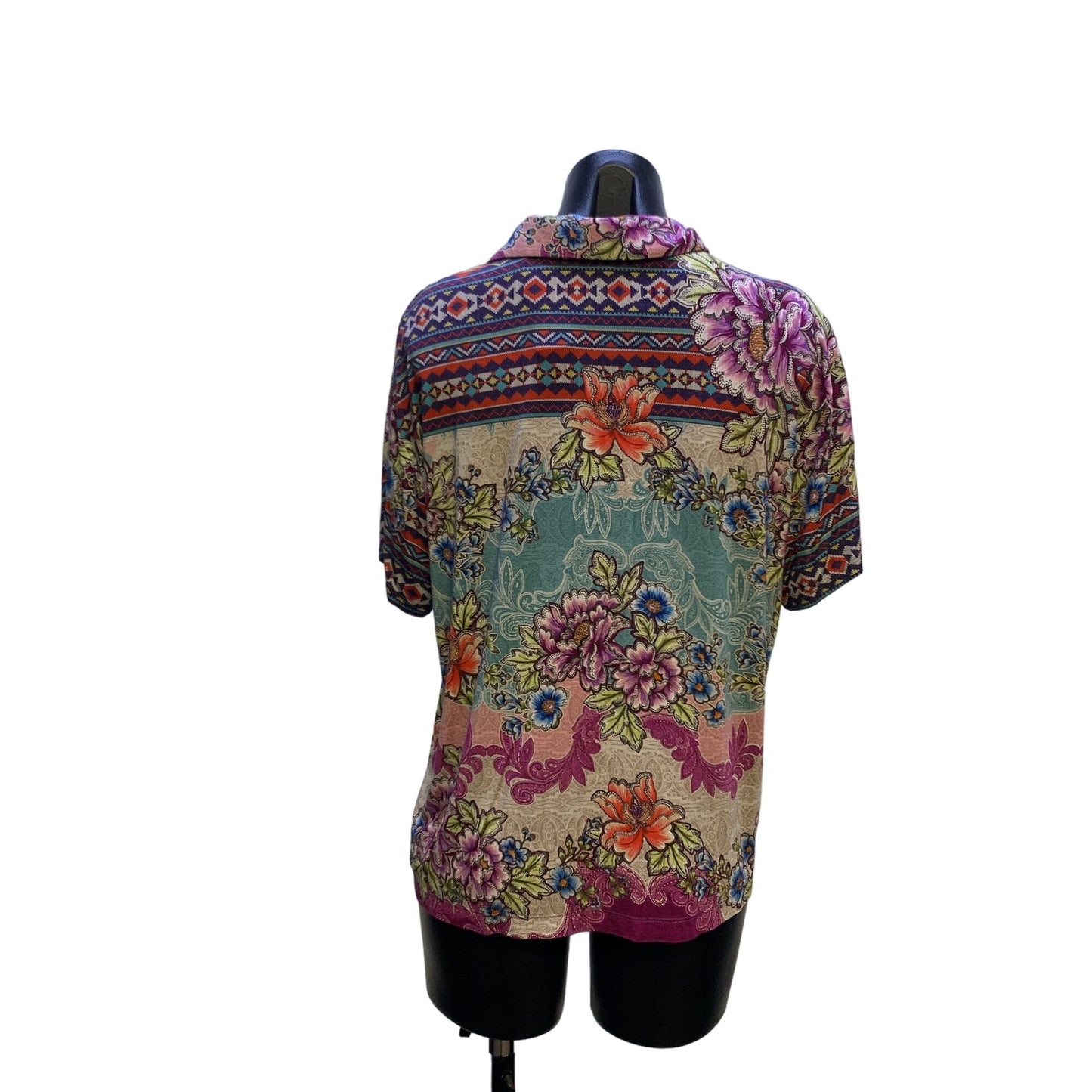 Johnny Was Multicolored Print Bamboo Polo Shirt Blouse Size Medium