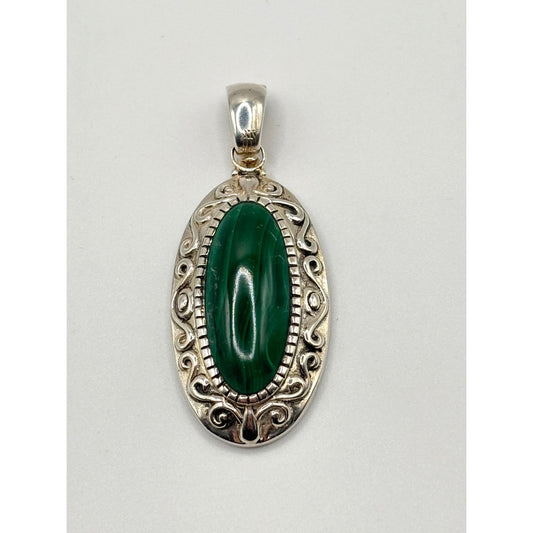 Sterling Silver 925 Oval Pendant With Green Malachite Gemstone