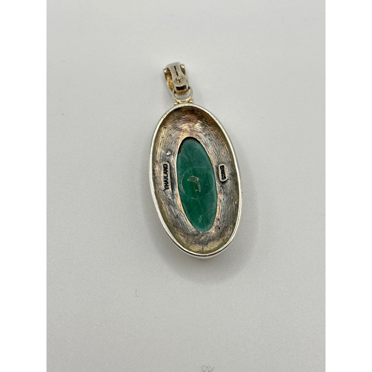 Sterling Silver 925 Oval Pendant With Green Malachite Gemstone