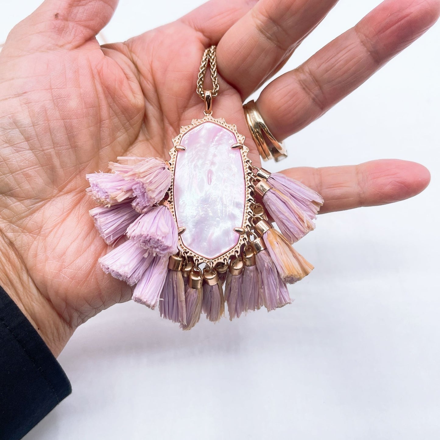 Kendra Scott Betsy Pink Shell Pendant Necklace With Lavender Tassels & Rose Gold Chain