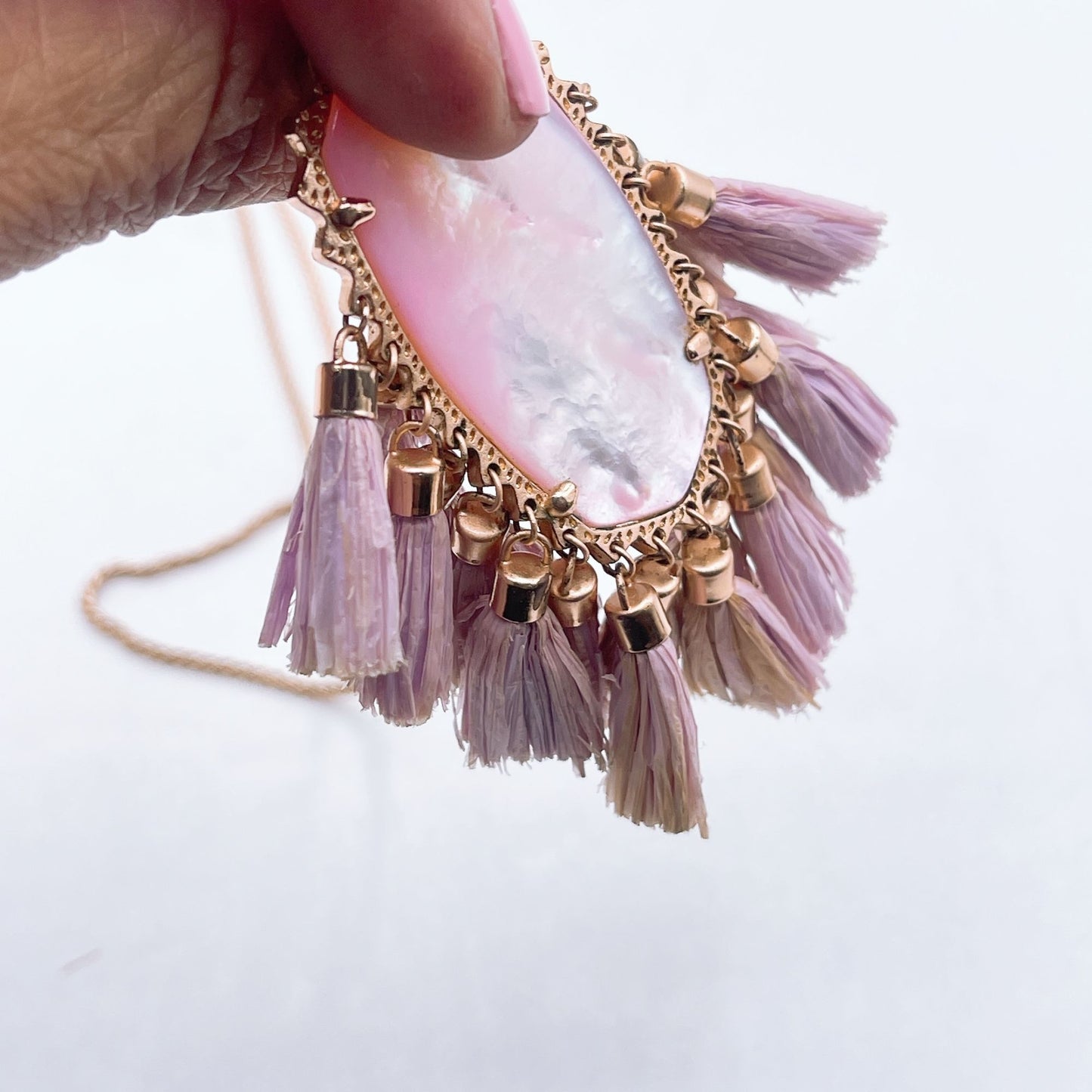 Kendra Scott Betsy Pink Shell Pendant Necklace With Lavender Tassels & Rose Gold Chain