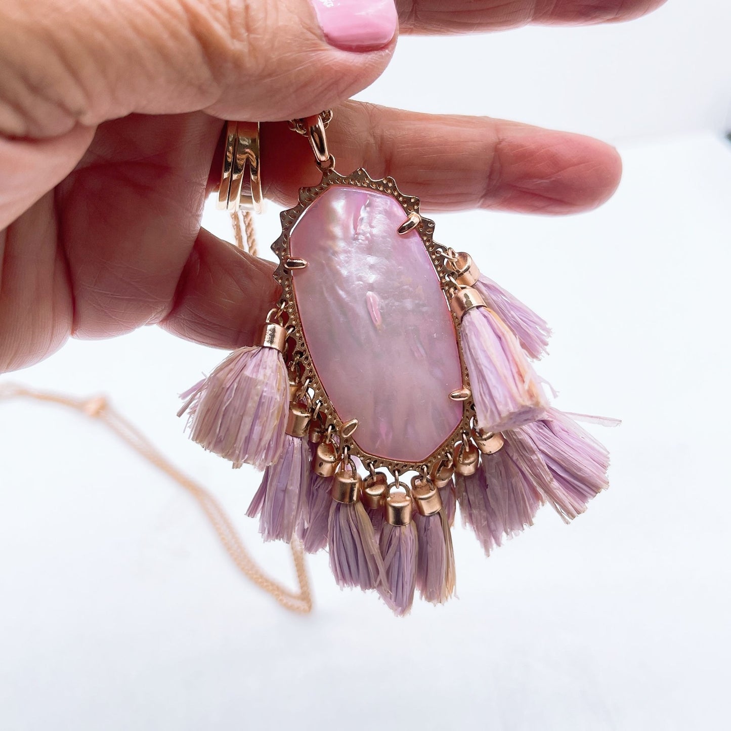 Kendra Scott Betsy Pink Shell Pendant Necklace With Lavender Tassels & Rose Gold Chain