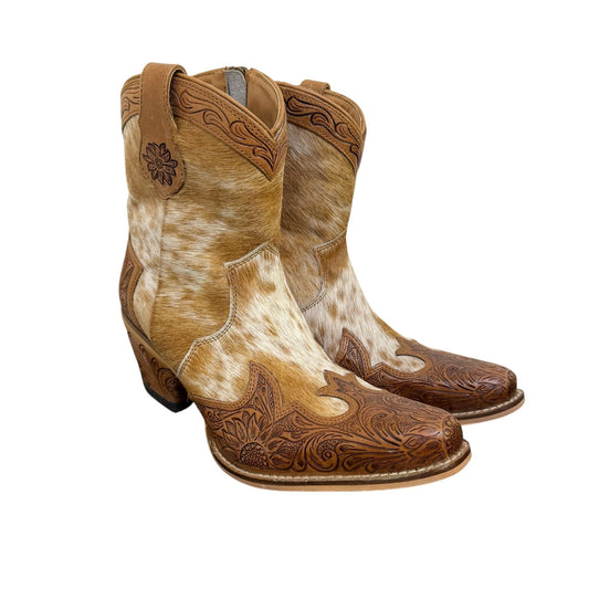 Myra Handcrafted Brown Cowhide & Tooled Leather Ankle Boots US Size 9