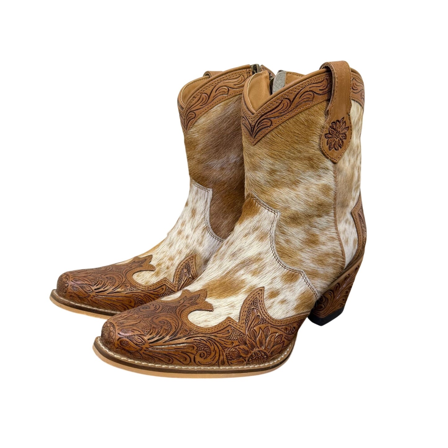 Myra Handcrafted Brown Cowhide & Tooled Leather Ankle Boots US Size 9