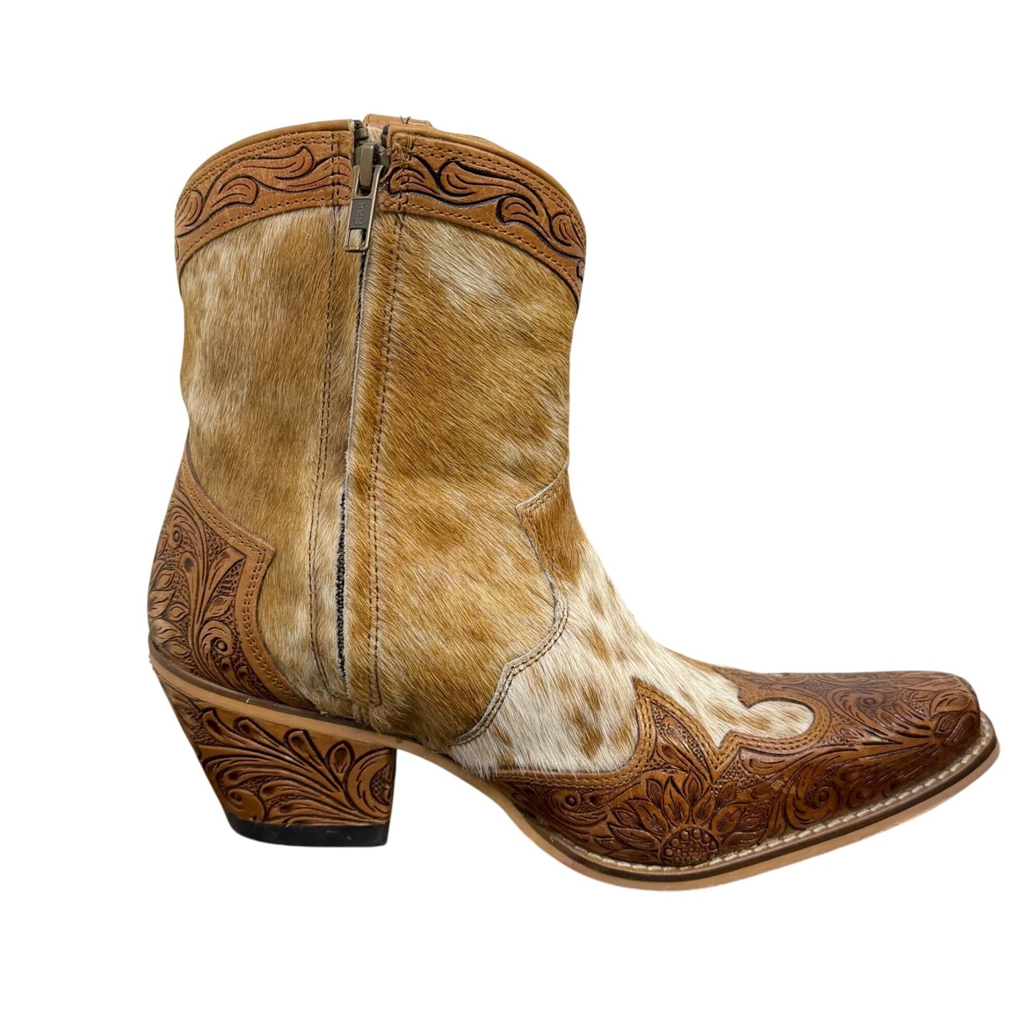 Myra Handcrafted Brown Cowhide & Tooled Leather Ankle Boots US Size 9