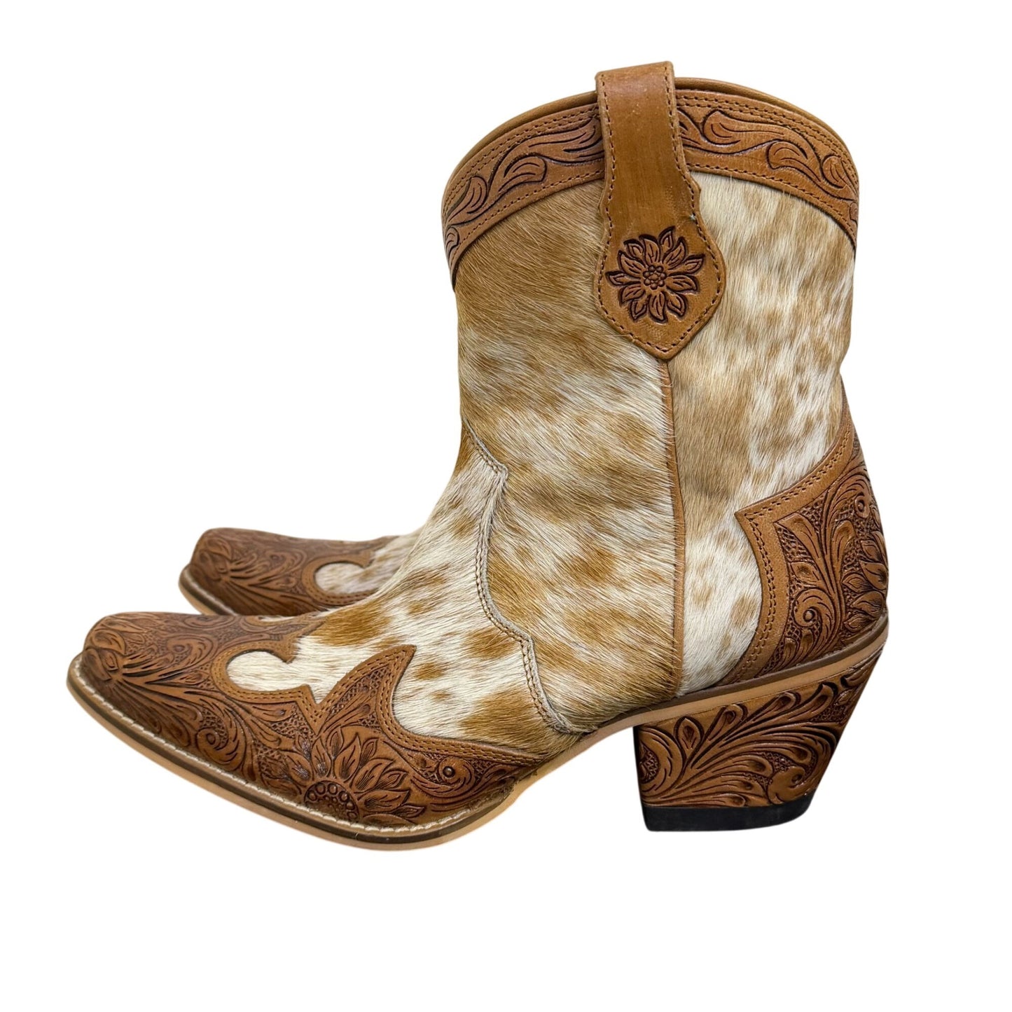 Myra Handcrafted Brown Cowhide & Tooled Leather Ankle Boots US Size 9