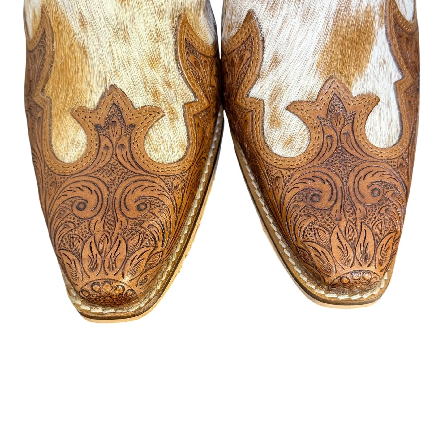 Myra Handcrafted Brown Cowhide & Tooled Leather Ankle Boots US Size 9