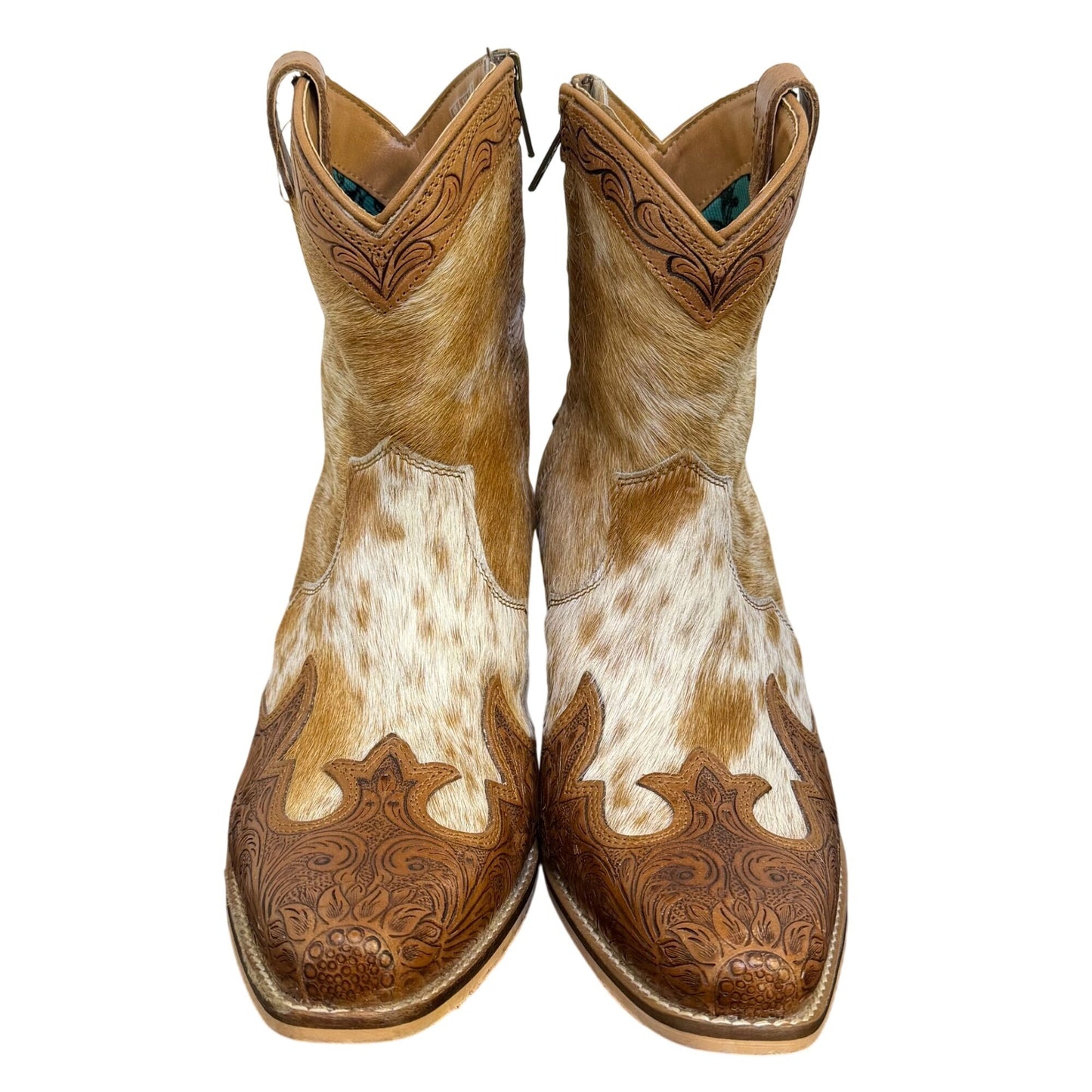 Myra Handcrafted Brown Cowhide & Tooled Leather Ankle Boots US Size 9