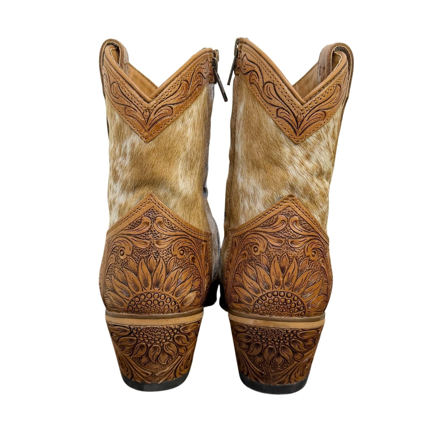 Myra Handcrafted Brown Cowhide & Tooled Leather Ankle Boots US Size 9