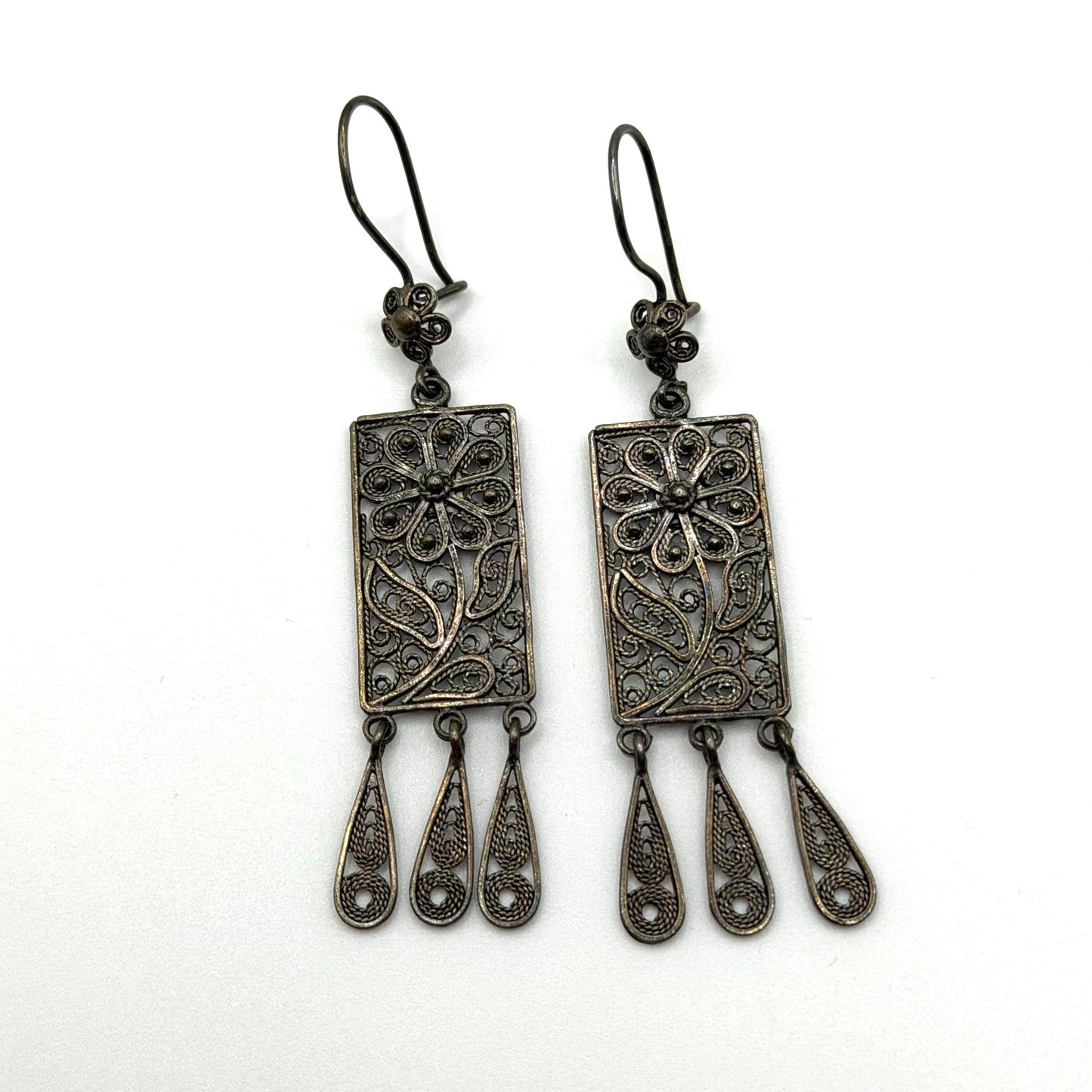 Turkish 925 Sterling Silver Rectangular Filigree Dangle Earrings Floral Design & Teardrop Accents