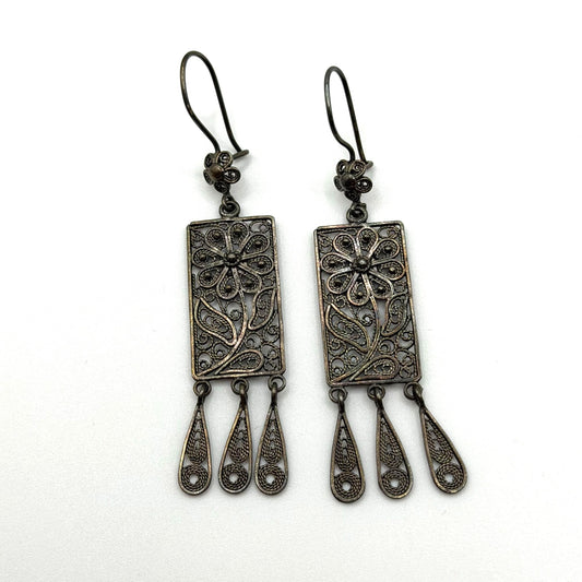 Turkish 925 Sterling Silver Rectangular Filigree Dangle Earrings Floral Design & Teardrop Accents