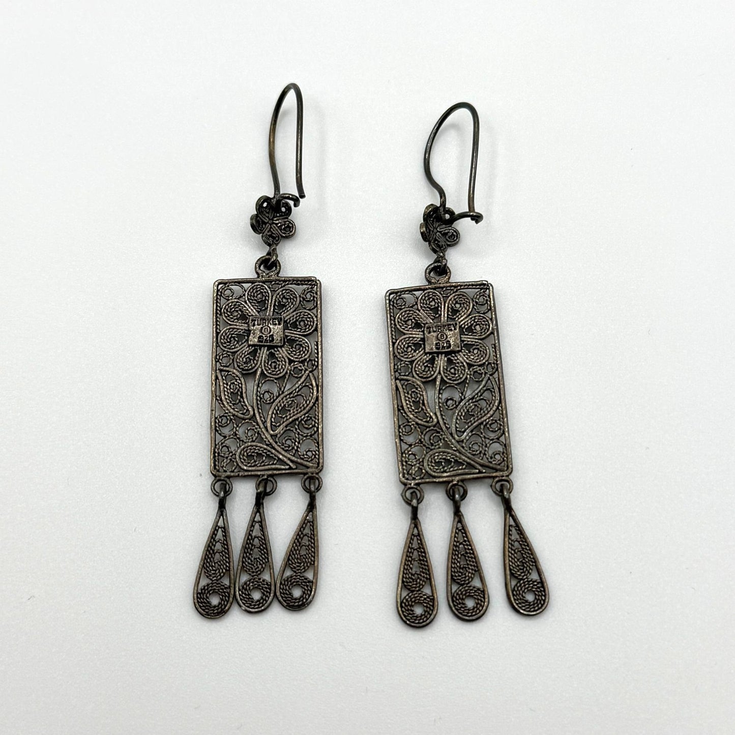 Turkish 925 Sterling Silver Rectangular Filigree Dangle Earrings Floral Design & Teardrop Accents