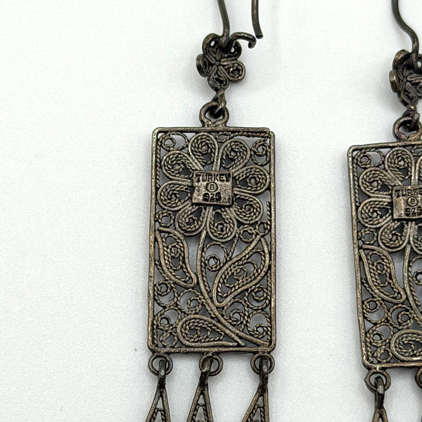 Turkish 925 Sterling Silver Rectangular Filigree Dangle Earrings Floral Design & Teardrop Accents