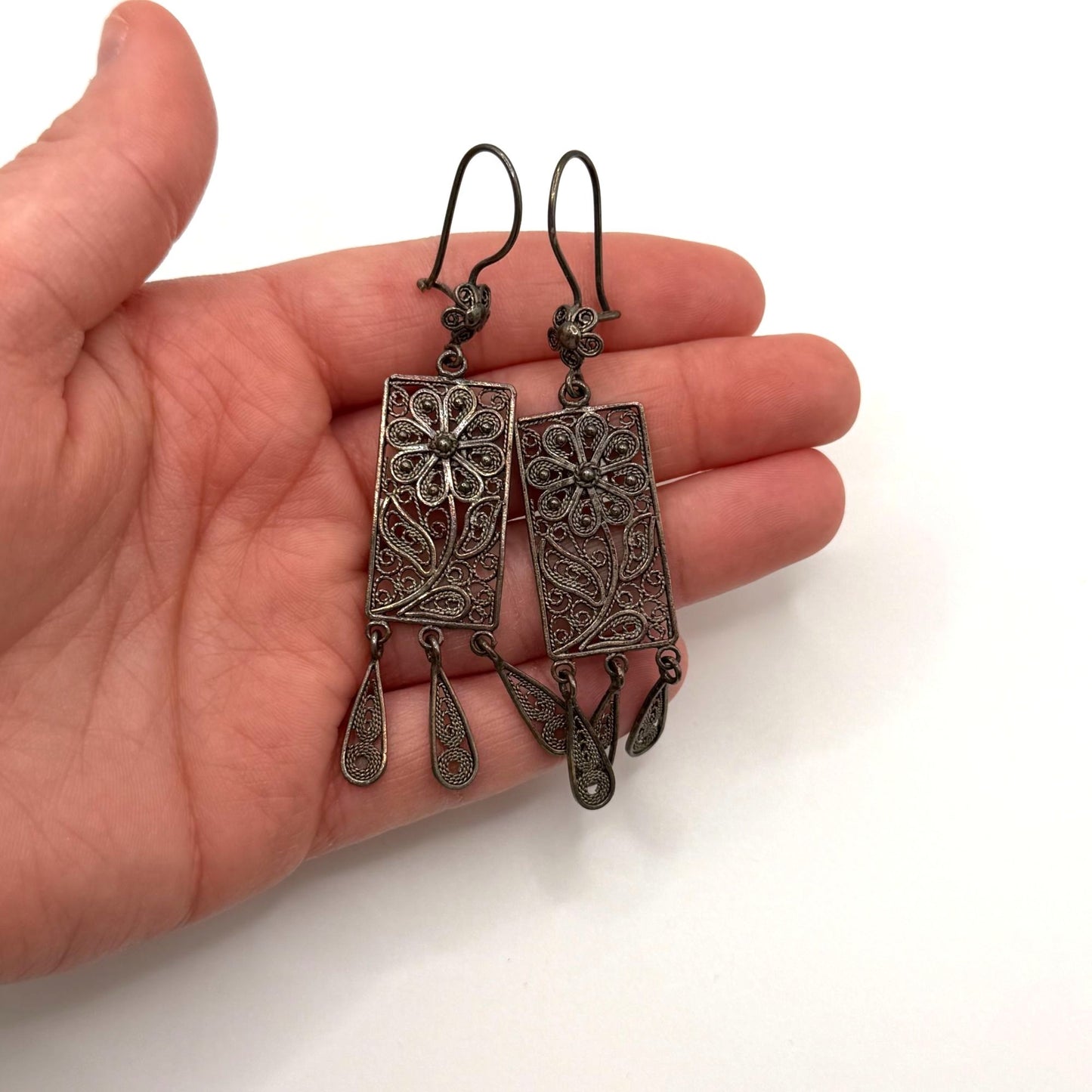 Turkish 925 Sterling Silver Rectangular Filigree Dangle Earrings Floral Design & Teardrop Accents