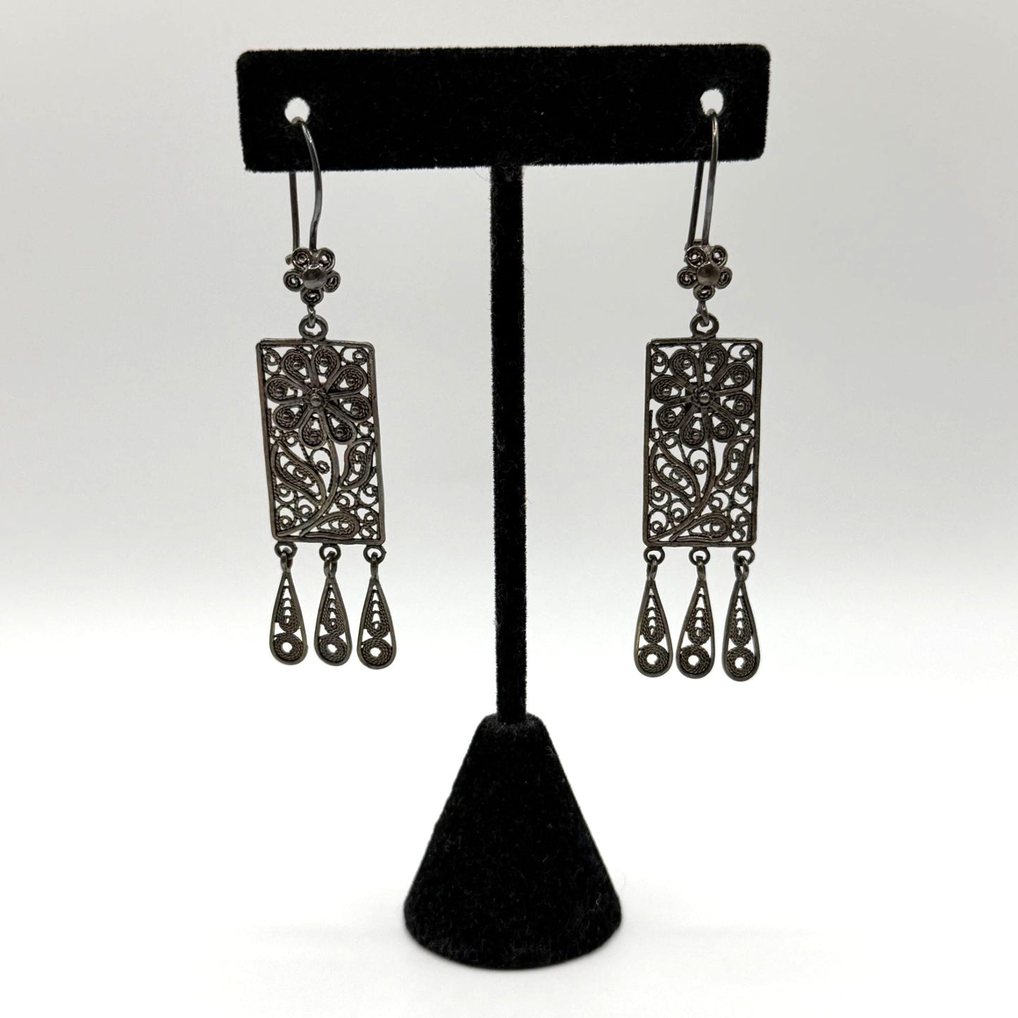 Turkish 925 Sterling Silver Rectangular Filigree Dangle Earrings Floral Design & Teardrop Accents
