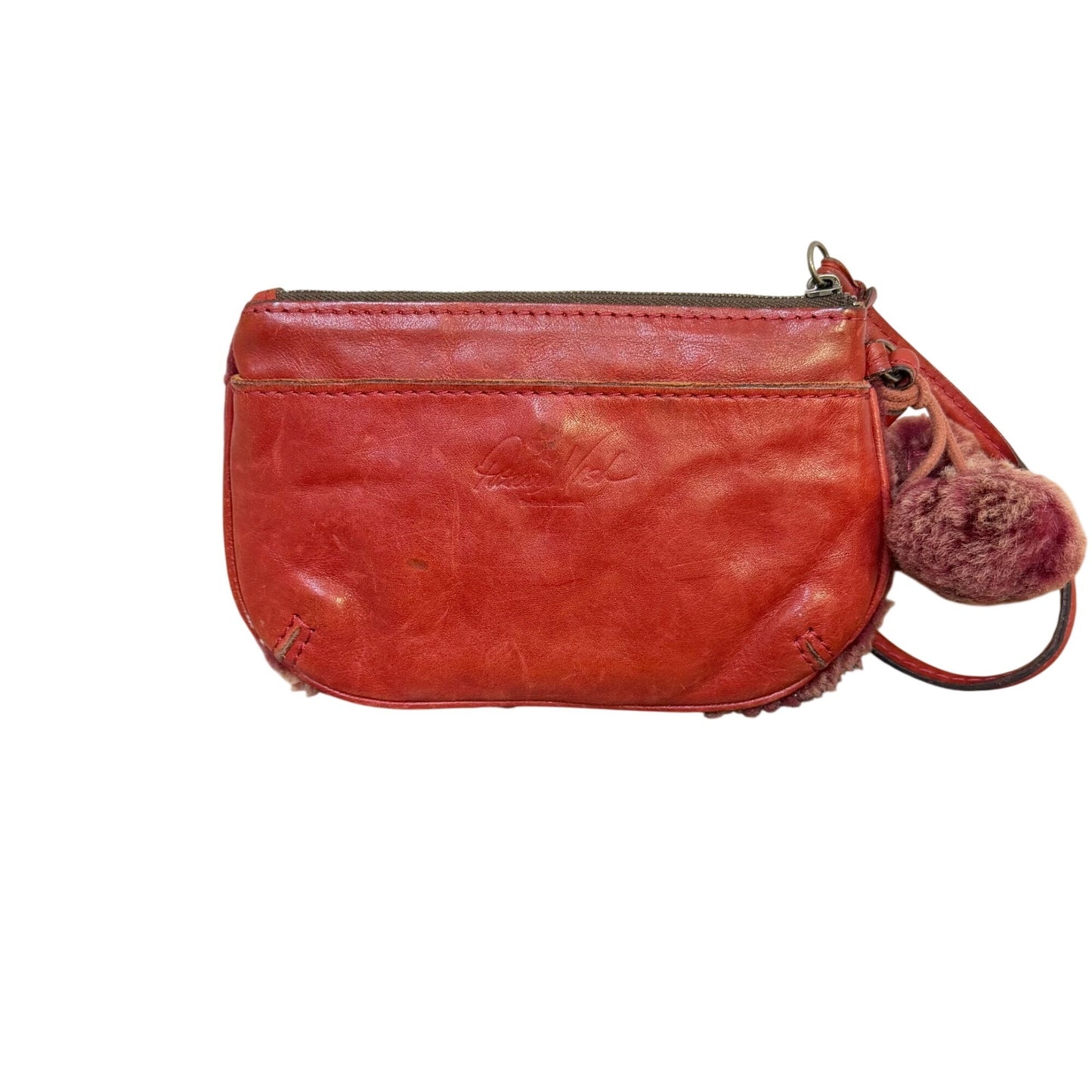 Patricia Nash Red Shearling & Leather Wristlet With Pom-Pom Accent
