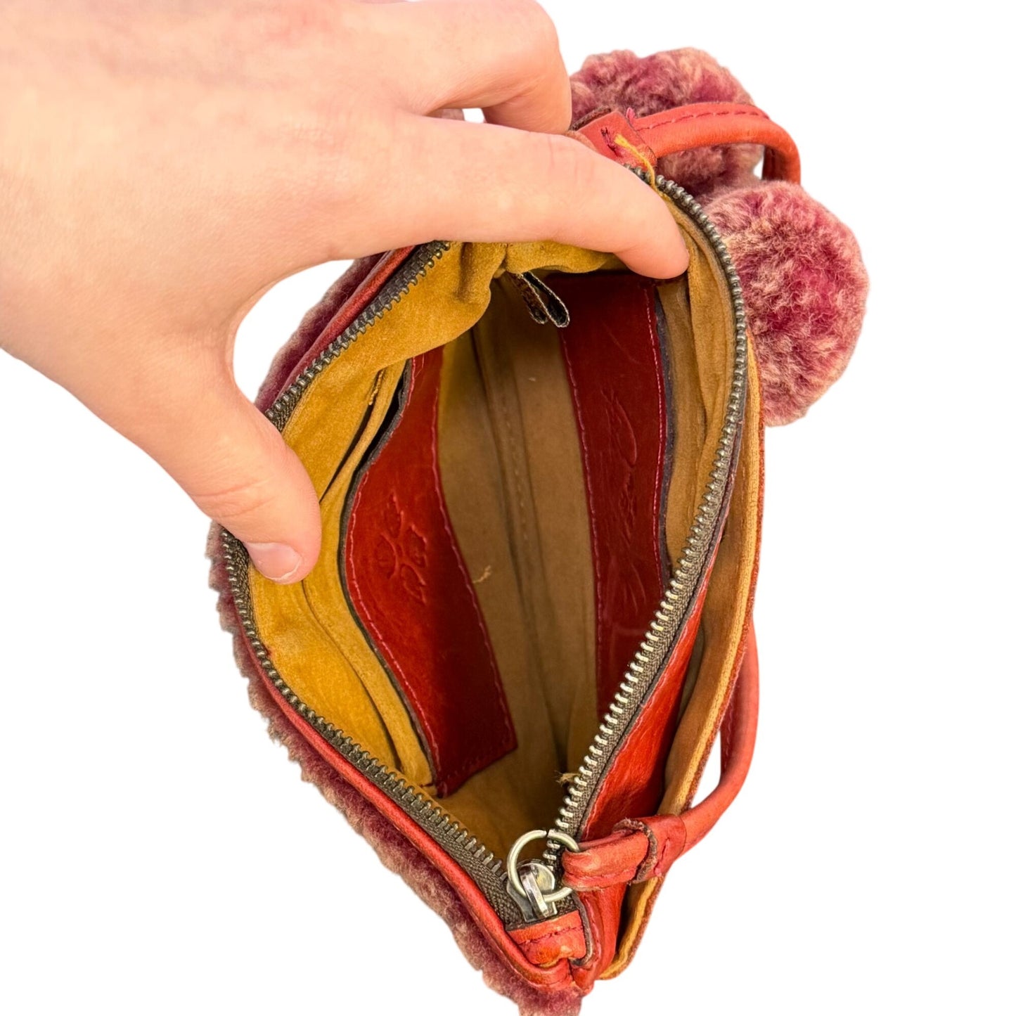 Patricia Nash Red Shearling & Leather Wristlet With Pom-Pom Accent